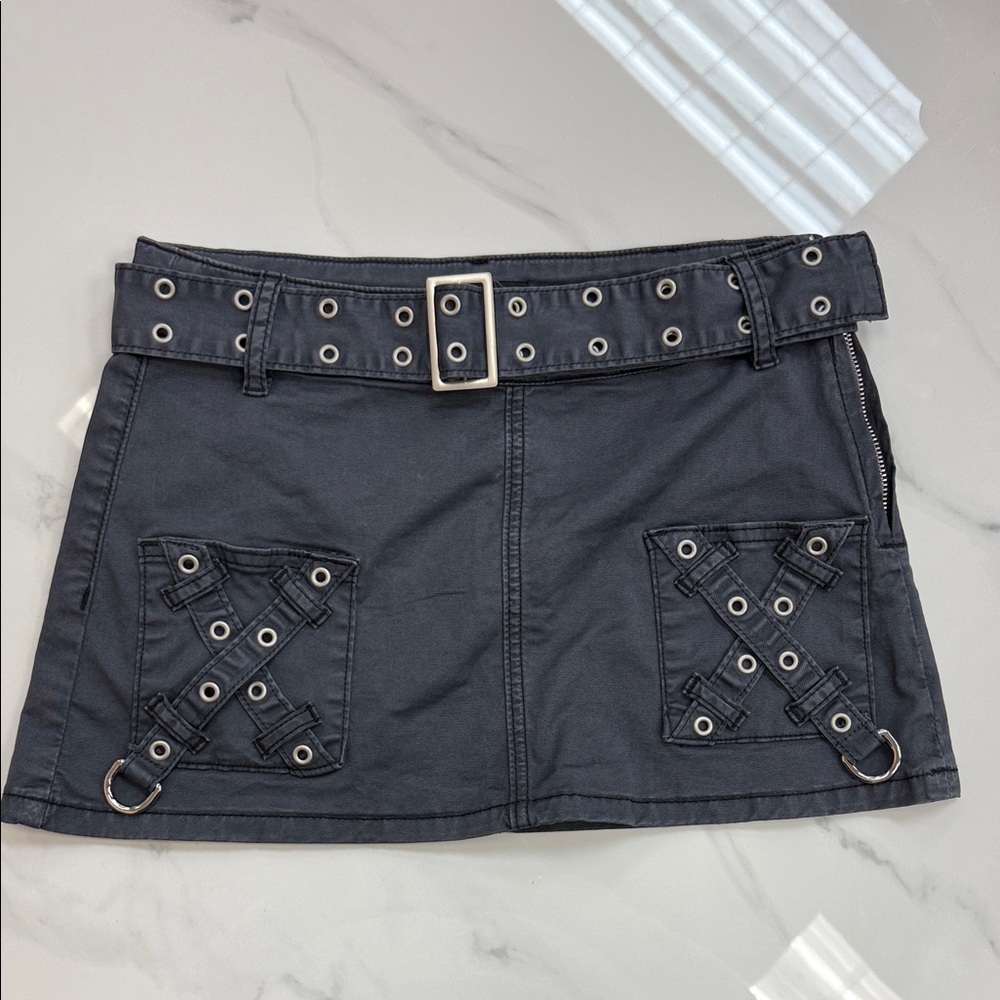 Outcast Chic Gray Mini Skirt with Belt and Eyelet Details SPL